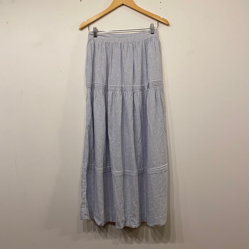 Tahari Blue White Striped Linen Blend Tiered Maxi Skirt Small Pintuck Detail